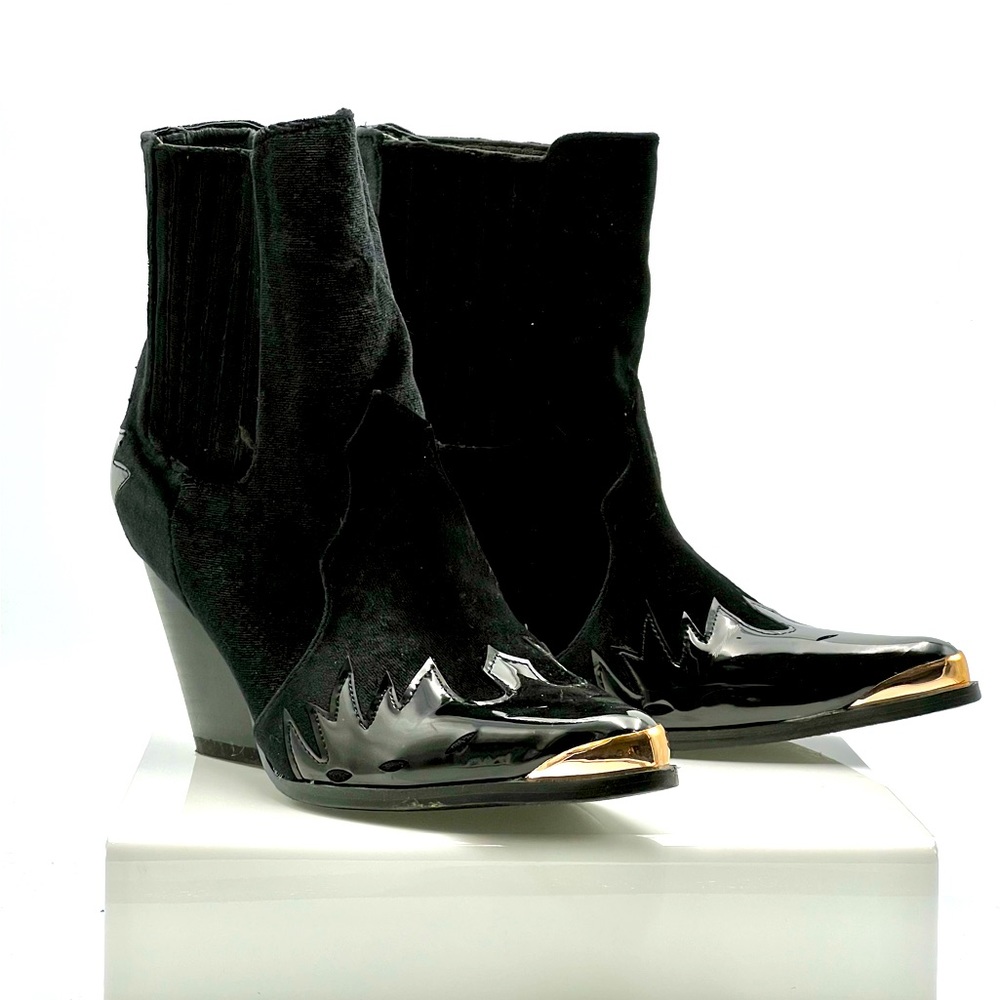Black velvet, patent and gold accent ankle boot.